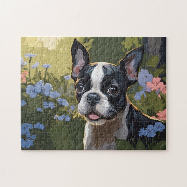Puzzle Pompe Terrier de Boston en champ de fleurs (Horizontal)