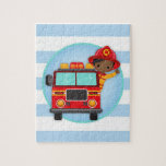 Puzzle Pompier Camion Africain Américain Garçon<br><div class="desc">Ce design présente un pompier afro-américain mignon dans son camion de pompier,  brandissant bonjour!. Rouge,  bleu,  jaune et turquoise avec de larges rayures.</div>