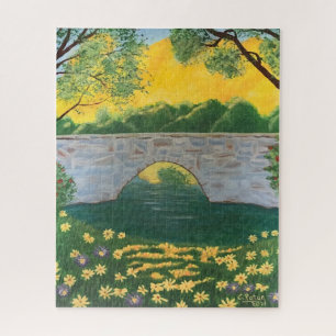 Puzzle Pont de pierre Fleurs du lac Ciel jaune Peinture
