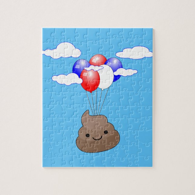 Puzzle Poo Emoji Voler Avec Des Ballons Dans Le Ciel Bleu (Vertical)