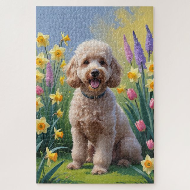 Puzzle Poodle Chien Fleurs de printemps Peinture (Vertical)