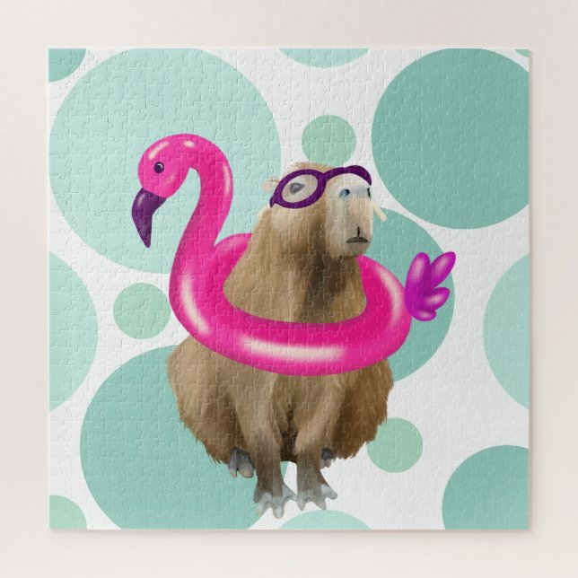 Puzzle Pool Party Cute Capybara Avec Flotte Flamant rose  (Vertical)
