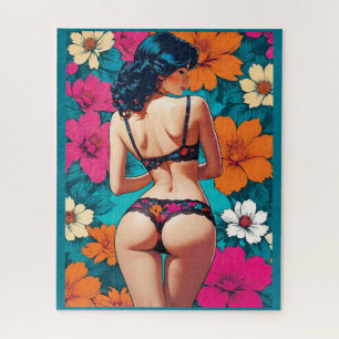 Puzzle Pop Art Cheeky Girl en Lingerie Florale Turquoise