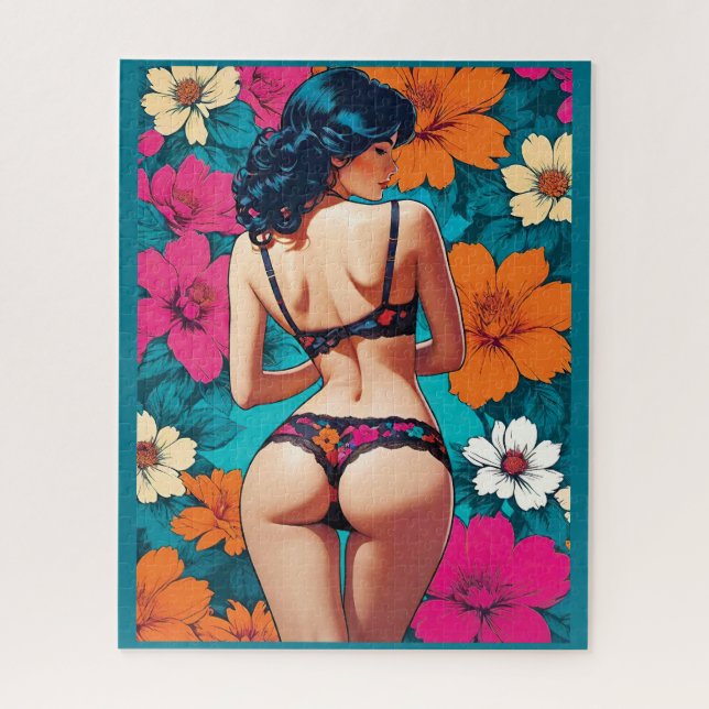 Puzzle Pop Art Cheeky Girl en Lingerie Florale Turquoise (Vertical)