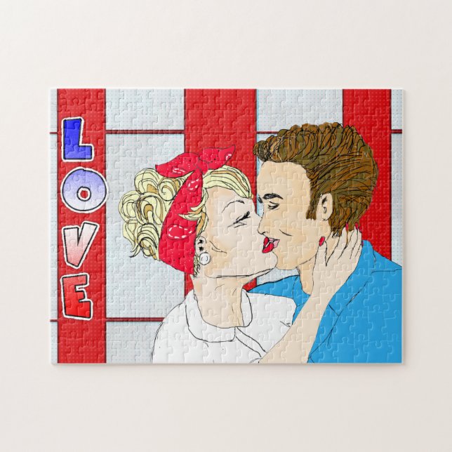 Puzzle Pop Art Retro Couple Baiser Romantique Nostalgale (Horizontal)