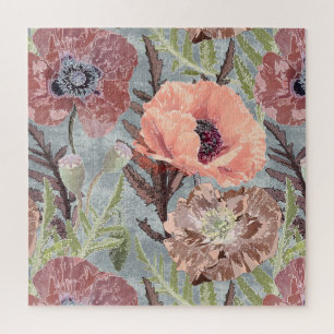 Puzzle Poppies vintages de style arrière - plan gris rose