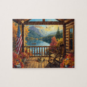 Puzzle Porche de cabane en rondins vue sur lac de montagn