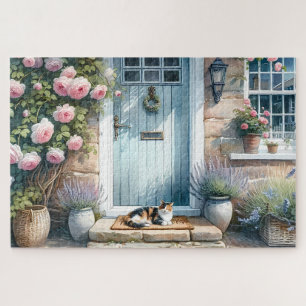 Puzzle Porche Floral Cottagecore avec Chat Calicot