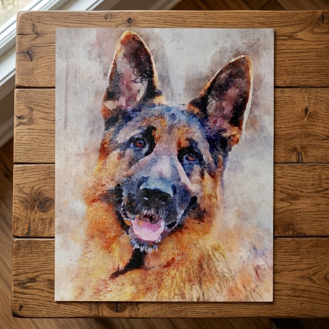 Puzzle Portrait de Berger Allemand à l'aquarelle (German Shepherd Dog in Watercolor Portrait. Jigsaw Puzzle)