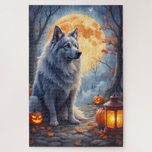 Puzzle Portrait de Keeshond Halloween au Clair de Lune (Vertical)