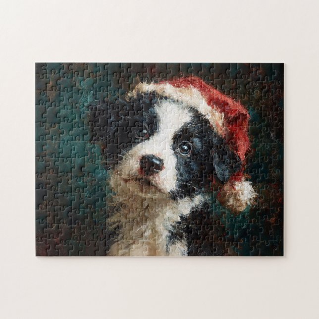 Puzzle Portrait de Noël d'un chiot Border Collie (Horizontal)
