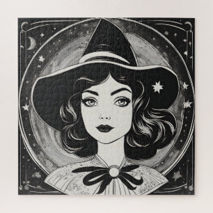 Puzzle Portrait de sorcière vintage noir et blanc rétro