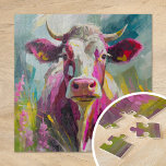 Puzzle Portrait de vache coloré Art Abstrait moderne<br><div class="desc">Peinture impressionniste moderne fantaisiste d'une vache, rendue dans des couleurs vives et vives comme le rose, le vert et le turquoise. Les coups de pinceau abstraits épais apportent texture et mouvement à la composition, donnant à la vache un aspect ludique et énergique. Les choix de couleurs audacieux et les touches...</div>