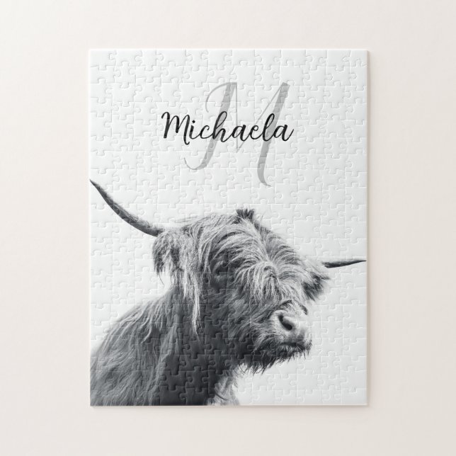 Puzzle Portrait de vache Highland premier monogramme noir (Vertical)