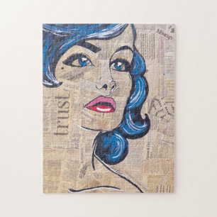 Puzzle Portrait Femme colorée Blue Pop Art Femme