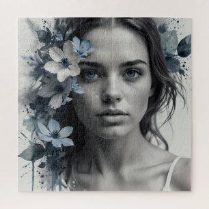 Puzzle Portrait floral bleu d'une femme