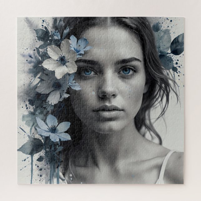 Puzzle Portrait floral bleu d'une femme (Vertical)