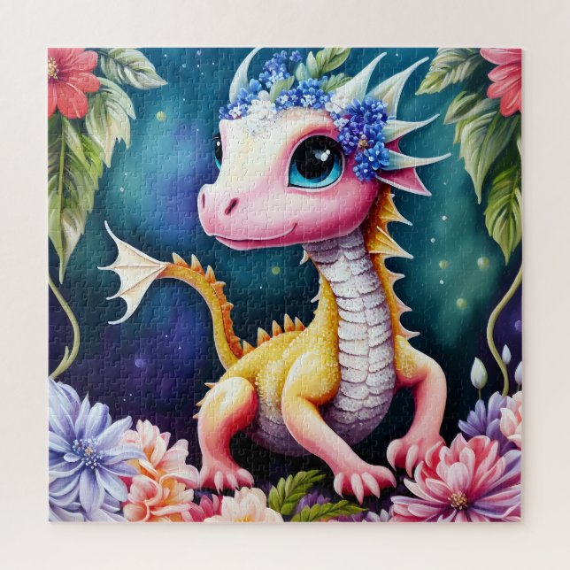 Puzzle Portrait floral mignon Dragon Bébé (Vertical)