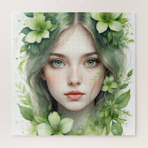 Puzzle Portrait floral vert d'une femme