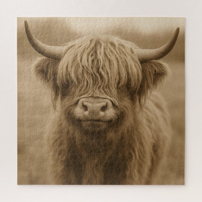 Puzzle Portrait sépia de vache des Highlands (Vertical)