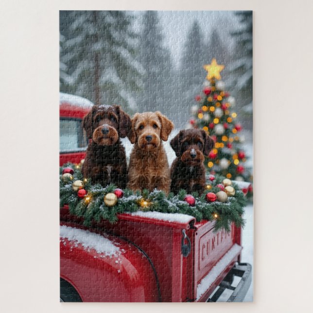 Puzzle Portuguese Water Dog Christmas Red Truck Holiday (Vertical)