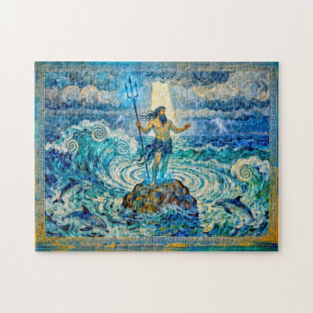 Puzzle Poseidon on Sea Rocks with Trident and Dolphins (Horizontal)