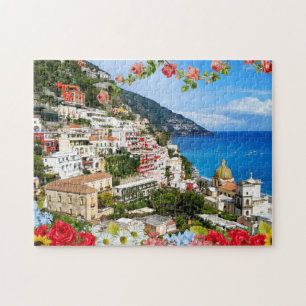 Puzzle Positano Amalfi Coast Italy with flower foreground