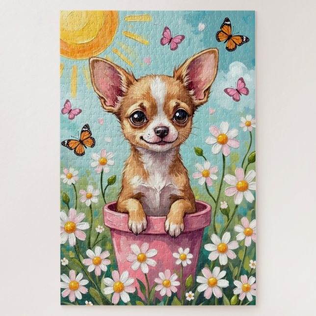Puzzle Pot de fleurs de printemps Chihuahua Chien mignon (Vertical)