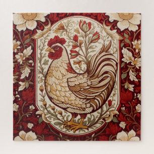Puzzle Poule vintage rouge et crème florale