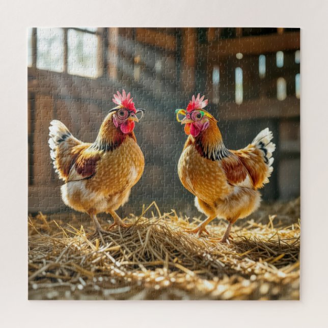 Puzzle Poules drôles dans une grange ensoleillée (Vertical)