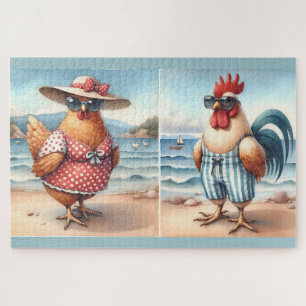 Puzzle Poulets en maillots de bain en bord de mer