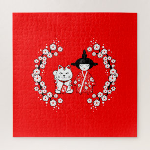 Puzzle Poupée japonaise - Kokeshi et Maneki Neko Cat