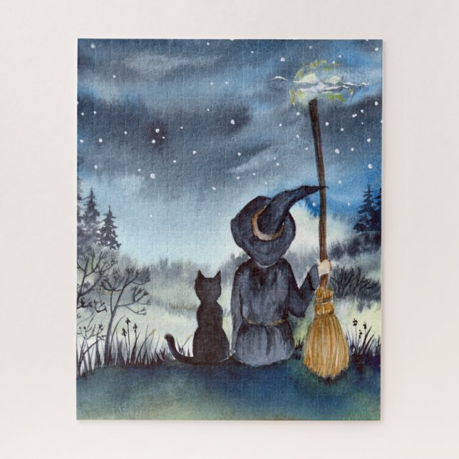 Puzzle Pour Halloween Chat noir et la Sorcière étoilée nu (Vertical)