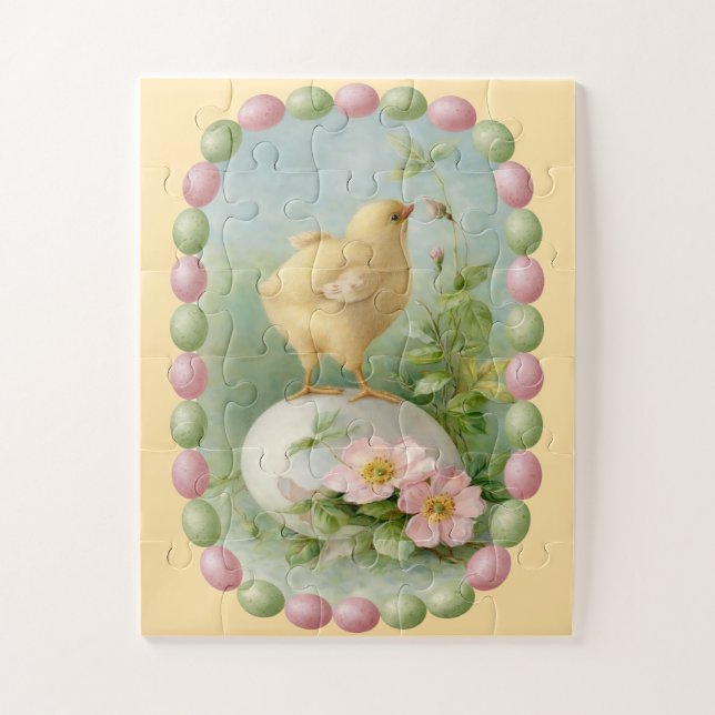 Puzzle Poussin printanier avec bordure d'œuf pastel (Vertical)