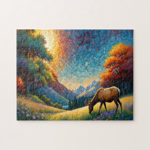Puzzle Prairie Éclatante Élan avec Fleurs Art