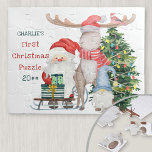 Puzzle Premier Noël mignon Père Noël & Aides Personnalisé<br><div class="desc">Puzzle personnalisé pour les premiers noël d'un petit garçon ou d'une petite fille. Le design comprend le Père Noël et ses aides, un arbre de Noël décoré, un gnome et un traîneau avec cadeaux emballés. Le libellé se lit comme suit : "[nom] First Christmas Puzzle [année]" et le modèle est...</div>