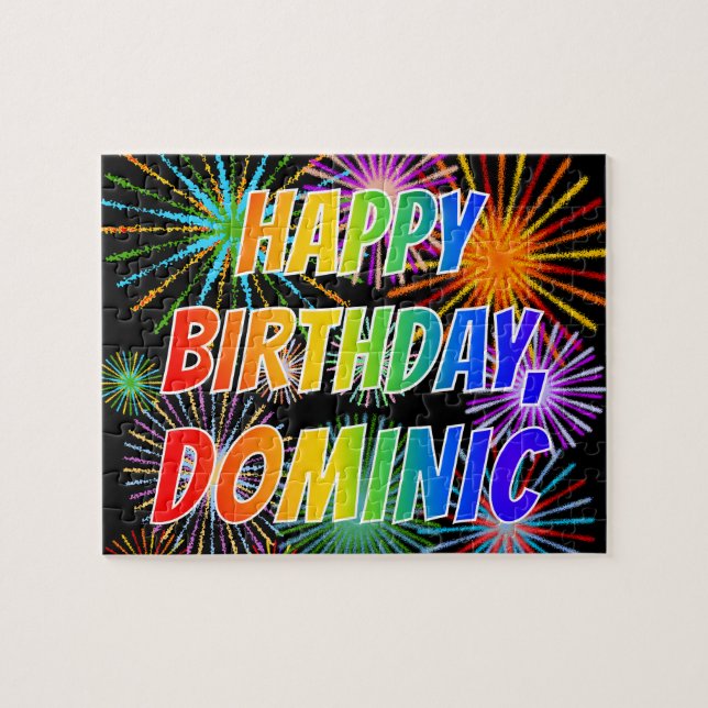 Puzzle Prénom "DOMINIC", Amusant "HEUREUX ANNIVERSAIRE" (Horizontal)