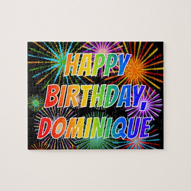 Puzzle Prénom "DOMINIQUE", Amusant "HEUREUX ANNIVERSAIRE" (Horizontal)
