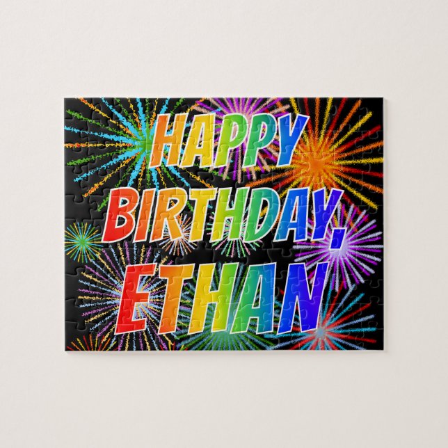 Puzzle Prénom "ETHAN", Amusant "HEUREUX ANNIVERSAIRE" (Horizontal)