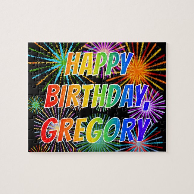 Puzzle Prénom "GREGORY", Amusant "HEUREUX ANNIVERSAIRE" (Horizontal)