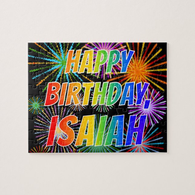 Puzzle Prénom "ISAIAH", Amusant "HEUREUX ANNIVERSAIRE" (Horizontal)