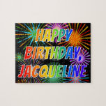 Puzzle Prénom "JACQUELINE", Amusant "HEUREUX ANNIVERSAIRE<br><div class="desc">Cette conception amusante et animée de puzzle sur le thème de l'anniversaire comprend le message "HAPPY BANTHDAY, JACQUELINE" ayant un spectre coloré arc-en-ciel inspiré motif dégradé, et un feu d'artifice festif excitant inspiré motif arrière - plan. Un puzzle aussi excitant pourrait être utilisé pour envoyer un message d'anniversaire à quelqu'un...</div>