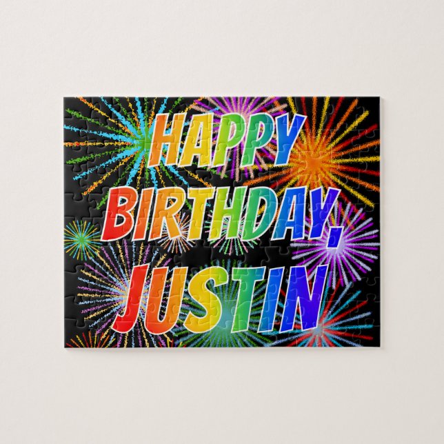 Puzzle Prénom "JUSTIN", Amusant "HEUREUX ANNIVERSAIRE" (Horizontal)