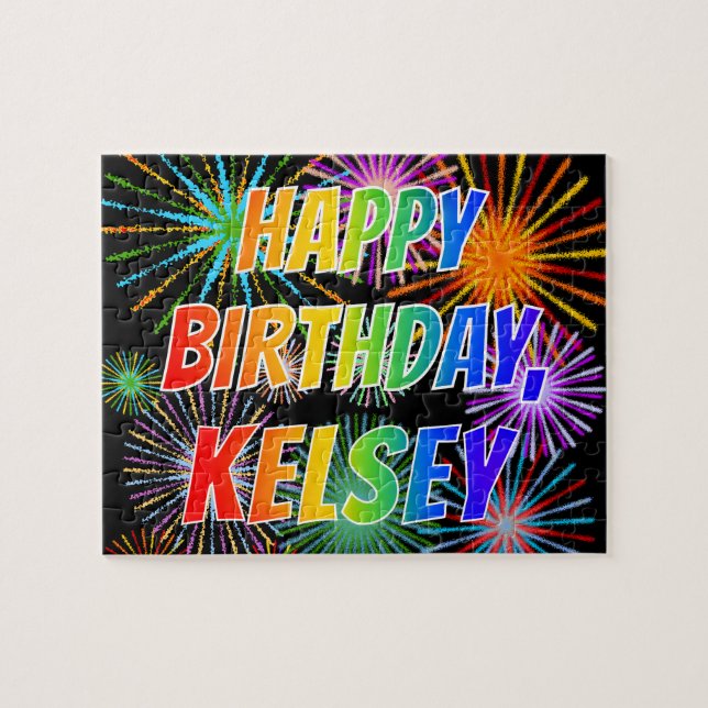 Puzzle Prénom "KELSEY", Amusant "HEUREUX ANNIVERSAIRE" (Horizontal)