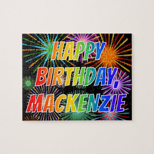Puzzle Prénom "MACKENZIE", Amusant "HEUREUX ANNIVERSAIRE" (Horizontal)