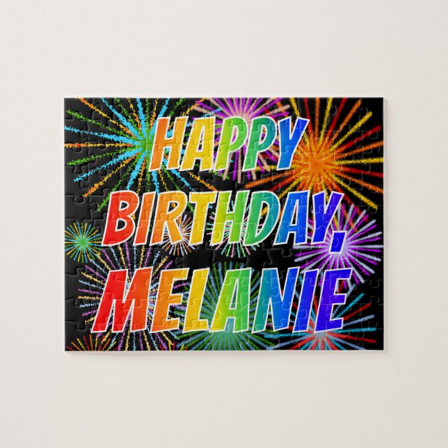 Puzzle Prénom "MELANIE", Amusant "HEUREUX ANNIVERSAIRE" (Horizontal)