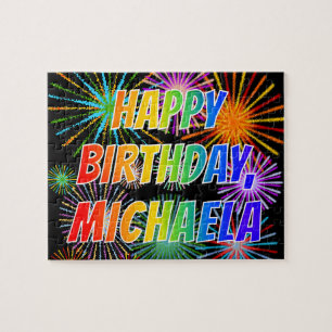 Puzzle Prénom "MICHAELA", Fun "HEUREUX ANNIVERSAIRE"
