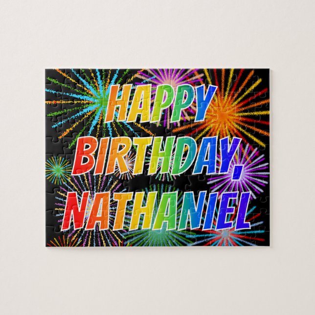 Puzzle Prénom "NATHANIEL", Amusement "JOYEUX ANNIVERSAIRE (Horizontal)