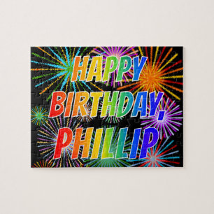 Puzzle Prénom "PHILLIP", Fun "HEUREUX ANNIVERSAIRE"