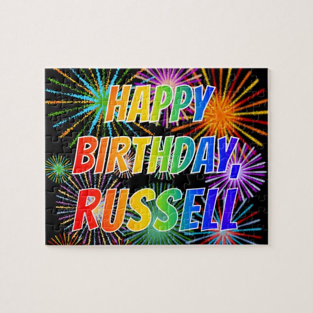 Puzzle Prénom "RUSSELL", Amusant "HEUREUX ANNIVERSAIRE" (Horizontal)